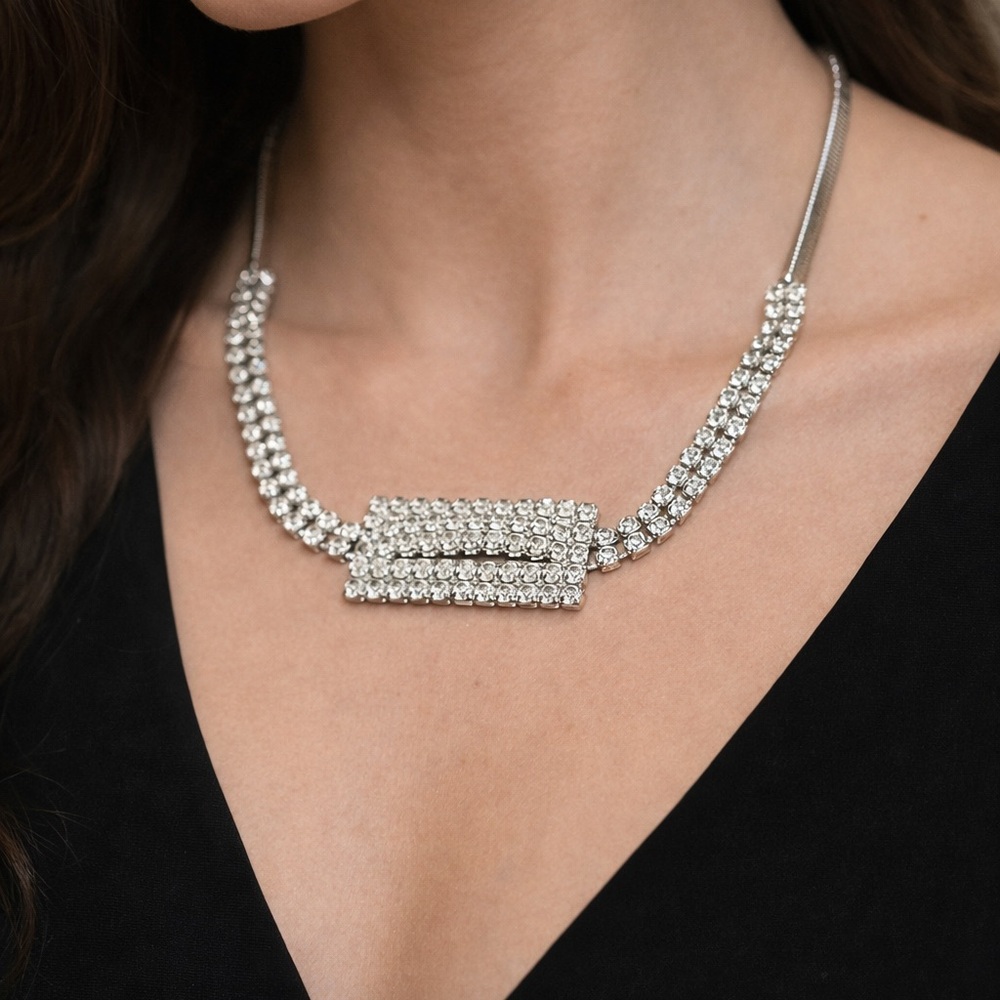 Silver Tone Rhinestone Statement Necklace | Art Deco Style Glam